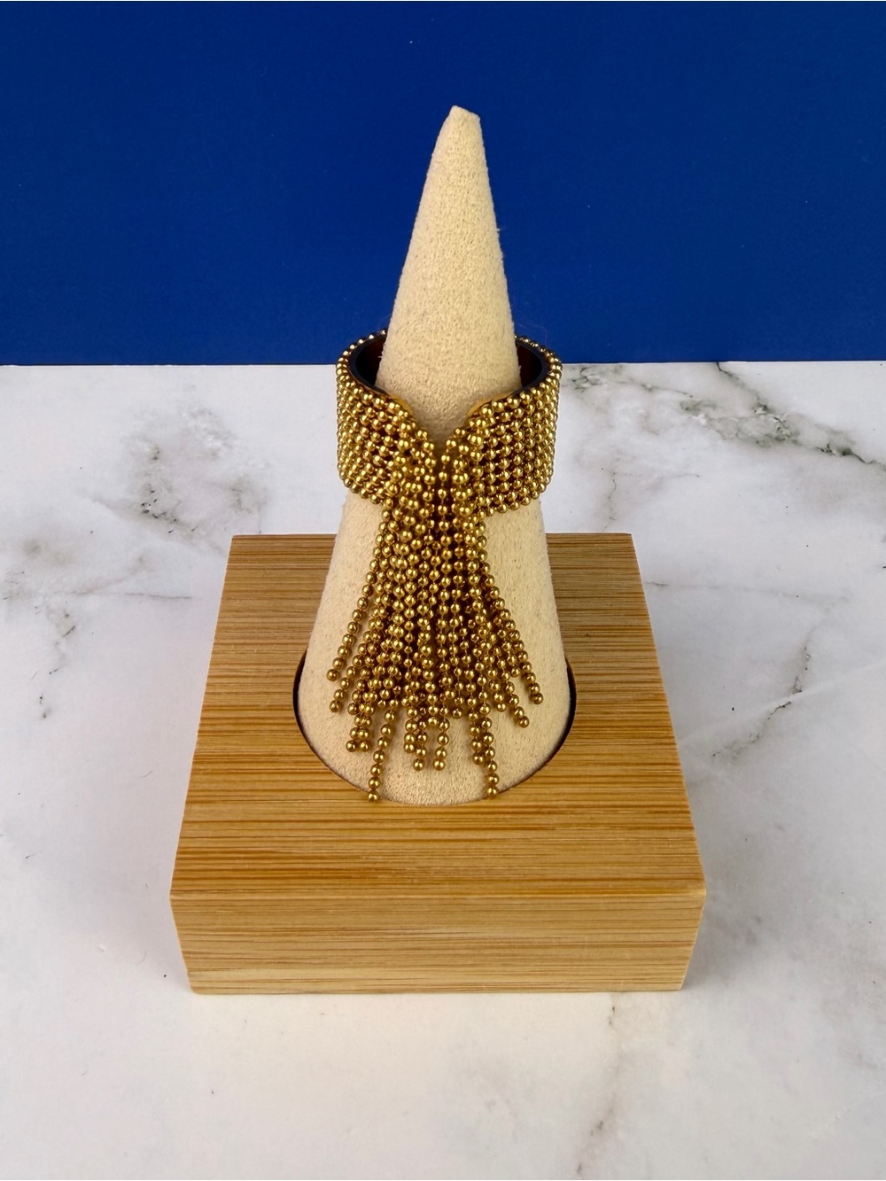 Statement Gold Stainless Steel Tassel Ring | Wide Band Ball Chain Size 6.5